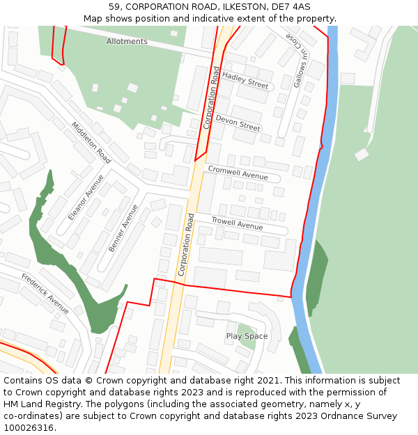 59, CORPORATION ROAD, ILKESTON, DE7 4AS: Location map and indicative extent of plot