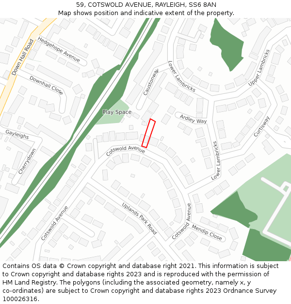 59, COTSWOLD AVENUE, RAYLEIGH, SS6 8AN: Location map and indicative extent of plot