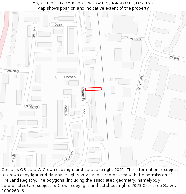 59, COTTAGE FARM ROAD, TWO GATES, TAMWORTH, B77 1NN: Location map and indicative extent of plot