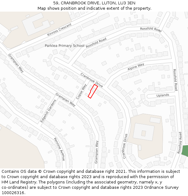 59, CRANBROOK DRIVE, LUTON, LU3 3EN: Location map and indicative extent of plot