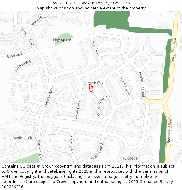 59, CUTFORTH WAY, ROMSEY, SO51 0BN: Location map and indicative extent of plot