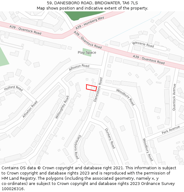 59, DANESBORO ROAD, BRIDGWATER, TA6 7LS: Location map and indicative extent of plot