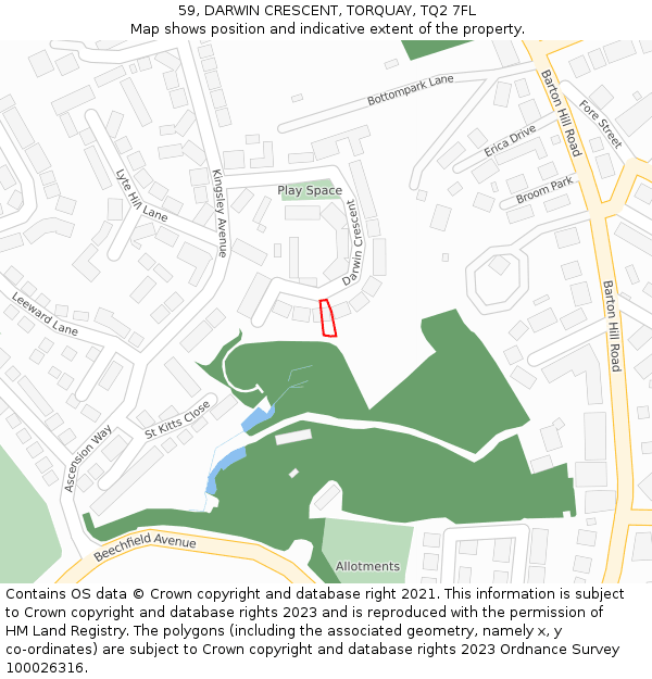 59, DARWIN CRESCENT, TORQUAY, TQ2 7FL: Location map and indicative extent of plot