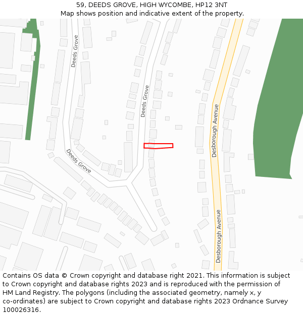 59, DEEDS GROVE, HIGH WYCOMBE, HP12 3NT: Location map and indicative extent of plot