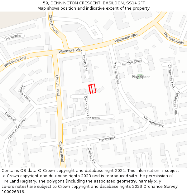 59, DENNINGTON CRESCENT, BASILDON, SS14 2FF: Location map and indicative extent of plot