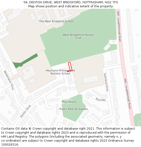 59, DENTON DRIVE, WEST BRIDGFORD, NOTTINGHAM, NG2 7FS: Location map and indicative extent of plot