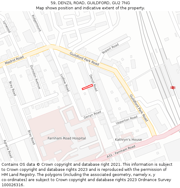 59, DENZIL ROAD, GUILDFORD, GU2 7NG: Location map and indicative extent of plot