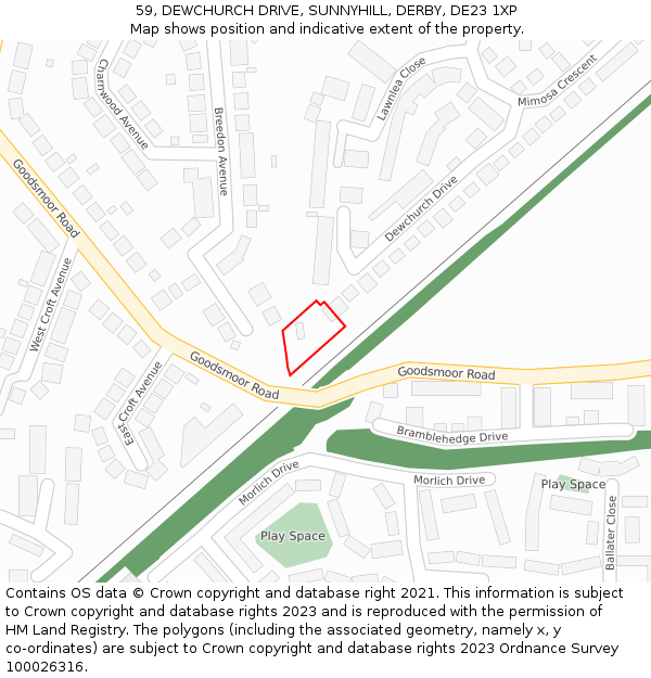 59, DEWCHURCH DRIVE, SUNNYHILL, DERBY, DE23 1XP: Location map and indicative extent of plot