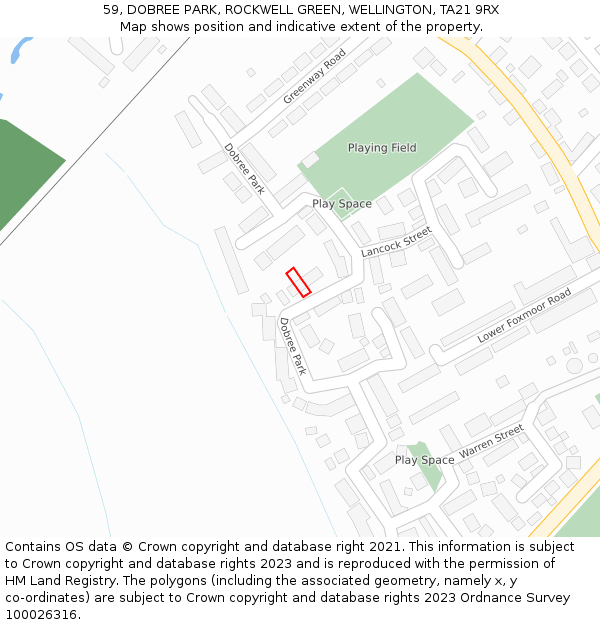 59, DOBREE PARK, ROCKWELL GREEN, WELLINGTON, TA21 9RX: Location map and indicative extent of plot