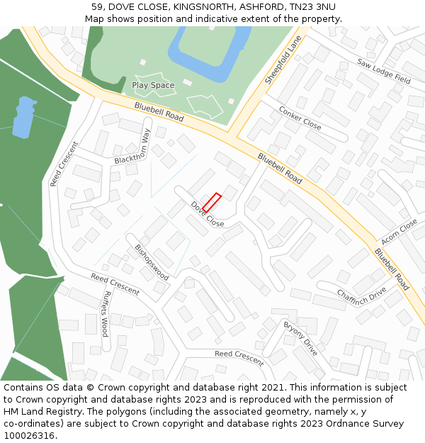 59, DOVE CLOSE, KINGSNORTH, ASHFORD, TN23 3NU: Location map and indicative extent of plot