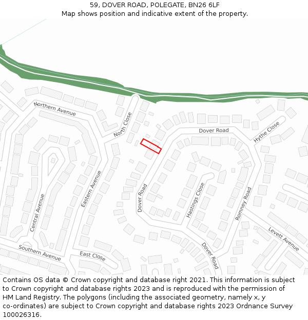 59, DOVER ROAD, POLEGATE, BN26 6LF: Location map and indicative extent of plot