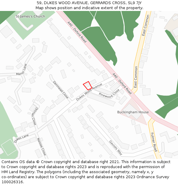 59, DUKES WOOD AVENUE, GERRARDS CROSS, SL9 7JY: Location map and indicative extent of plot