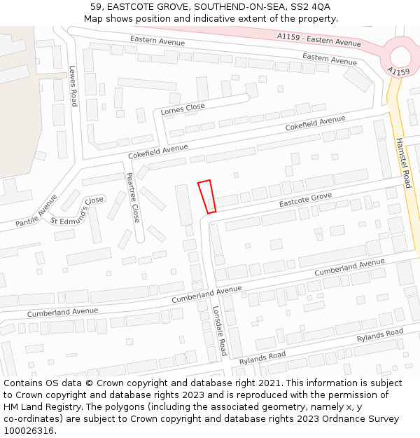 59, EASTCOTE GROVE, SOUTHEND-ON-SEA, SS2 4QA: Location map and indicative extent of plot