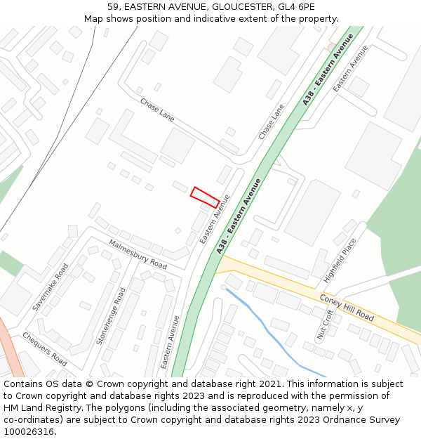 59, EASTERN AVENUE, GLOUCESTER, GL4 6PE: Location map and indicative extent of plot