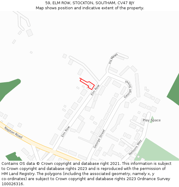 59, ELM ROW, STOCKTON, SOUTHAM, CV47 8JY: Location map and indicative extent of plot