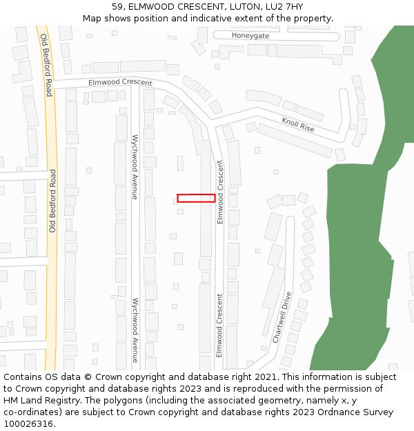 59, ELMWOOD CRESCENT, LUTON, LU2 7HY: Location map and indicative extent of plot