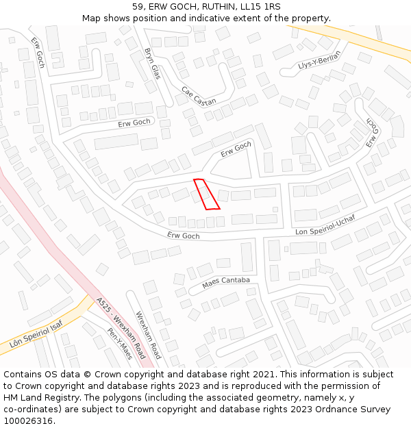 59, ERW GOCH, RUTHIN, LL15 1RS: Location map and indicative extent of plot
