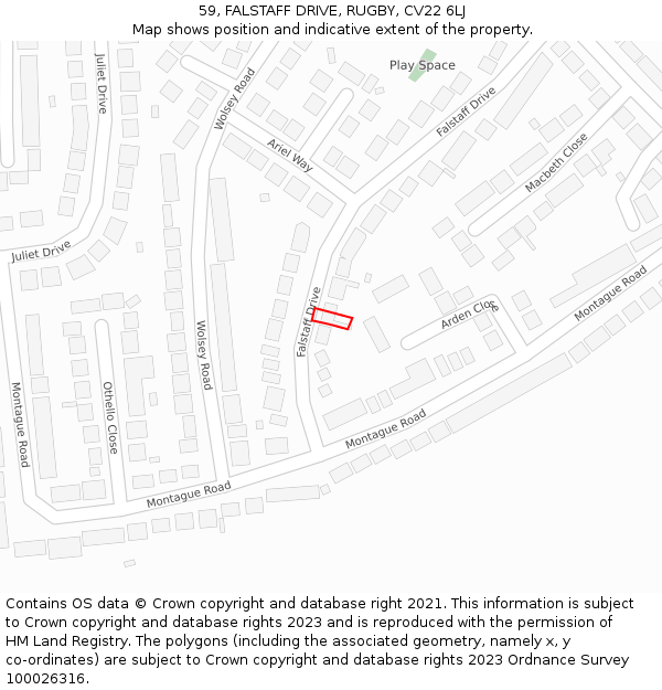 59, FALSTAFF DRIVE, RUGBY, CV22 6LJ: Location map and indicative extent of plot