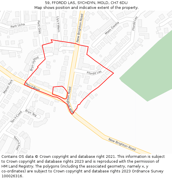 59, FFORDD LAS, SYCHDYN, MOLD, CH7 6DU: Location map and indicative extent of plot