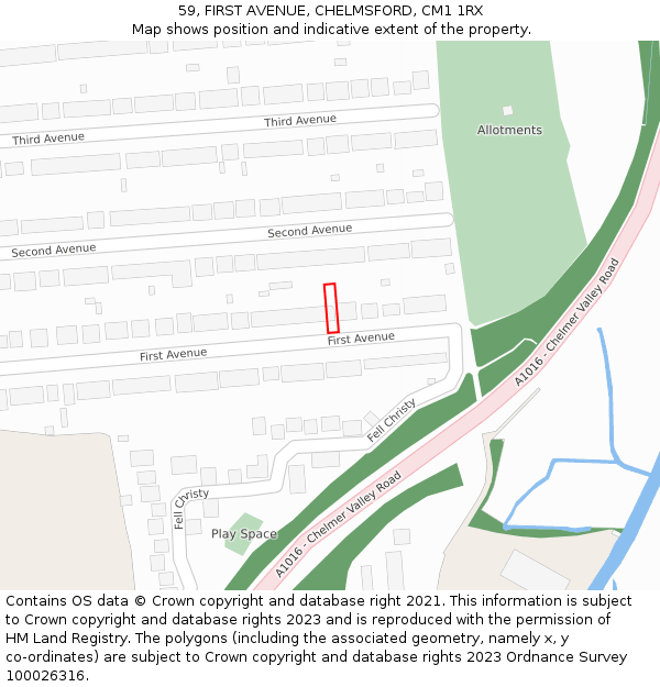 59, FIRST AVENUE, CHELMSFORD, CM1 1RX: Location map and indicative extent of plot