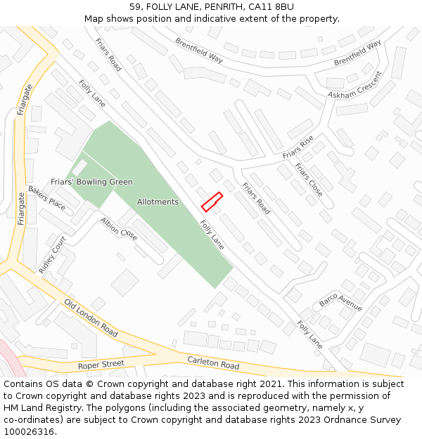 59, FOLLY LANE, PENRITH, CA11 8BU: Location map and indicative extent of plot