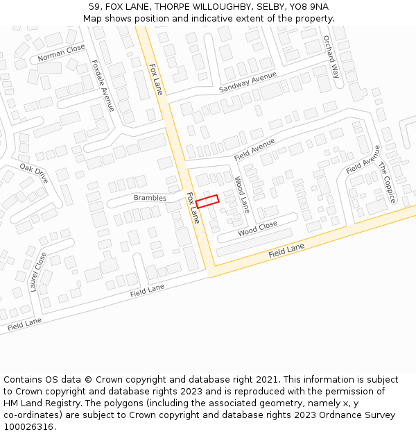 59, FOX LANE, THORPE WILLOUGHBY, SELBY, YO8 9NA: Location map and indicative extent of plot