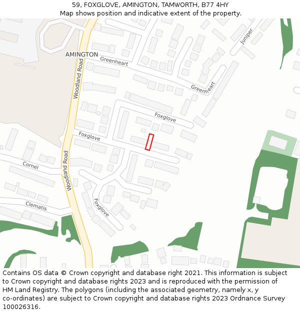 59, FOXGLOVE, AMINGTON, TAMWORTH, B77 4HY: Location map and indicative extent of plot