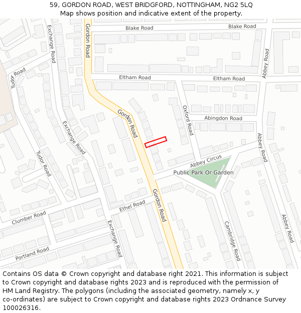 59, GORDON ROAD, WEST BRIDGFORD, NOTTINGHAM, NG2 5LQ: Location map and indicative extent of plot