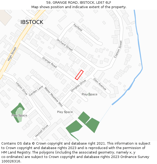 59, GRANGE ROAD, IBSTOCK, LE67 6LF: Location map and indicative extent of plot