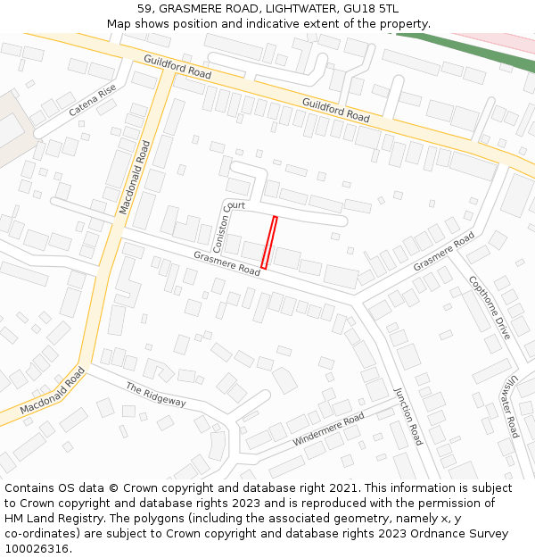 59, GRASMERE ROAD, LIGHTWATER, GU18 5TL: Location map and indicative extent of plot