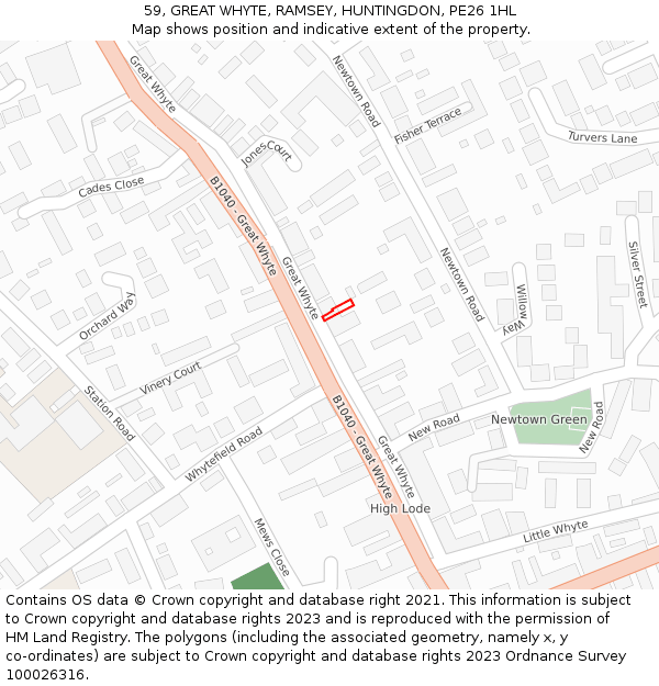 59, GREAT WHYTE, RAMSEY, HUNTINGDON, PE26 1HL: Location map and indicative extent of plot