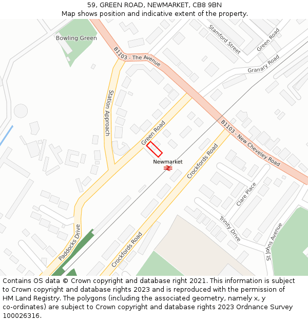 59, GREEN ROAD, NEWMARKET, CB8 9BN: Location map and indicative extent of plot