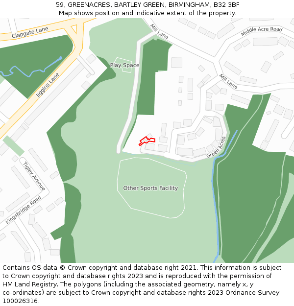 59, GREENACRES, BARTLEY GREEN, BIRMINGHAM, B32 3BF: Location map and indicative extent of plot