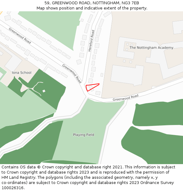 59, GREENWOOD ROAD, NOTTINGHAM, NG3 7EB: Location map and indicative extent of plot