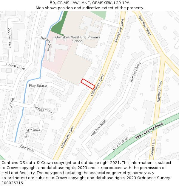 59, GRIMSHAW LANE, ORMSKIRK, L39 1PA: Location map and indicative extent of plot