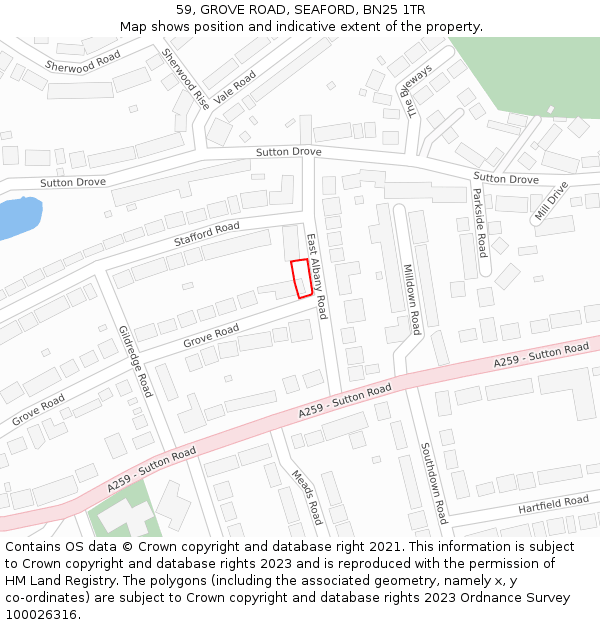 59, GROVE ROAD, SEAFORD, BN25 1TR: Location map and indicative extent of plot