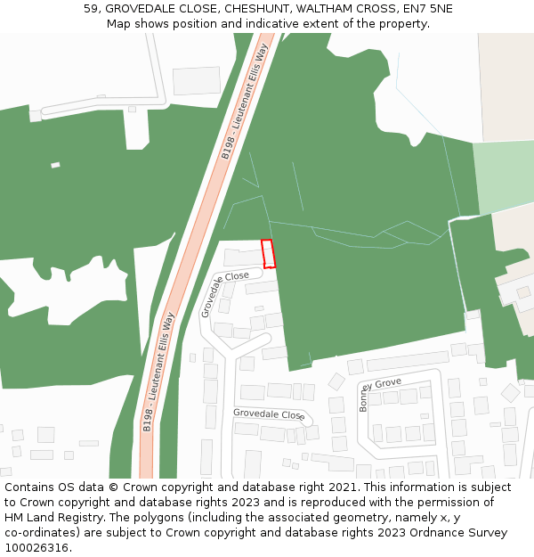 59, GROVEDALE CLOSE, CHESHUNT, WALTHAM CROSS, EN7 5NE: Location map and indicative extent of plot