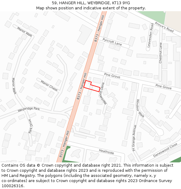 59, HANGER HILL, WEYBRIDGE, KT13 9YG: Location map and indicative extent of plot