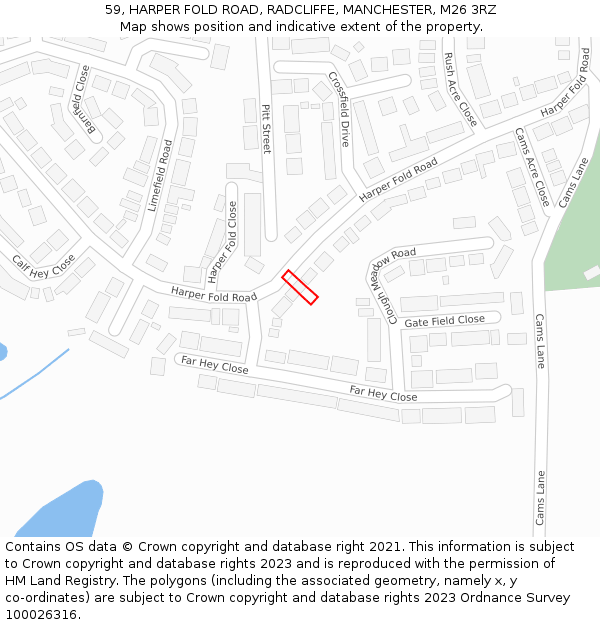 59, HARPER FOLD ROAD, RADCLIFFE, MANCHESTER, M26 3RZ: Location map and indicative extent of plot