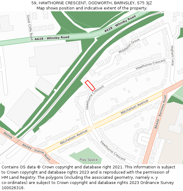 59, HAWTHORNE CRESCENT, DODWORTH, BARNSLEY, S75 3JZ: Location map and indicative extent of plot