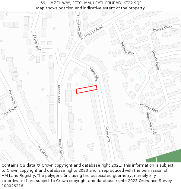 59, HAZEL WAY, FETCHAM, LEATHERHEAD, KT22 9QF: Location map and indicative extent of plot