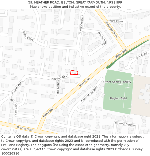 59, HEATHER ROAD, BELTON, GREAT YARMOUTH, NR31 9PR: Location map and indicative extent of plot