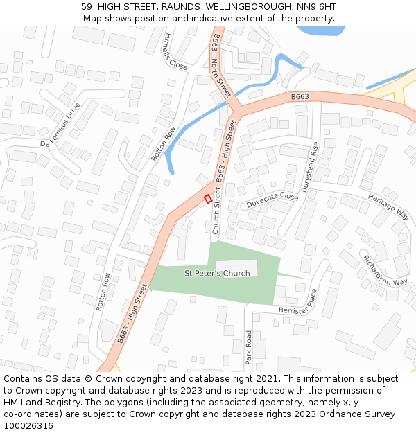 59, HIGH STREET, RAUNDS, WELLINGBOROUGH, NN9 6HT: Location map and indicative extent of plot