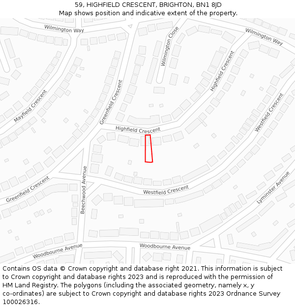 59, HIGHFIELD CRESCENT, BRIGHTON, BN1 8JD: Location map and indicative extent of plot