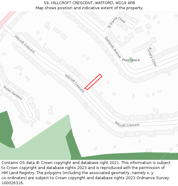 59, HILLCROFT CRESCENT, WATFORD, WD19 4PB: Location map and indicative extent of plot