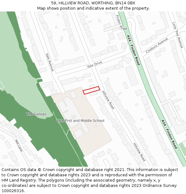 59, HILLVIEW ROAD, WORTHING, BN14 0BX: Location map and indicative extent of plot