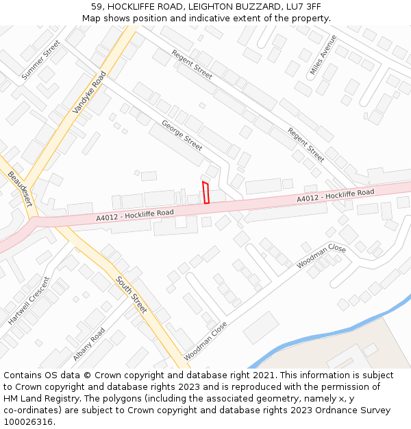59, HOCKLIFFE ROAD, LEIGHTON BUZZARD, LU7 3FF: Location map and indicative extent of plot
