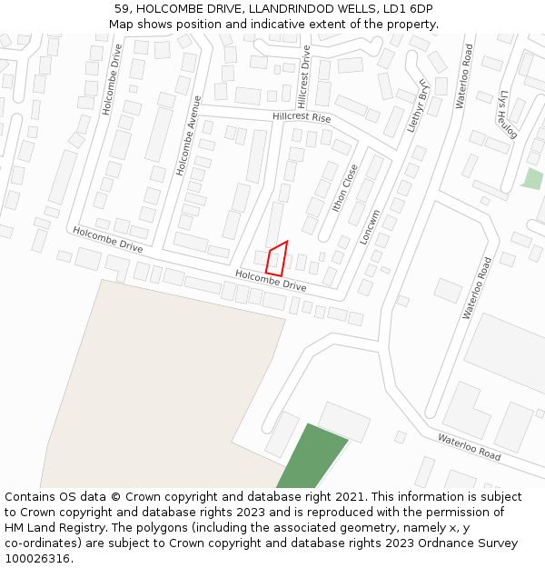 59, HOLCOMBE DRIVE, LLANDRINDOD WELLS, LD1 6DP: Location map and indicative extent of plot