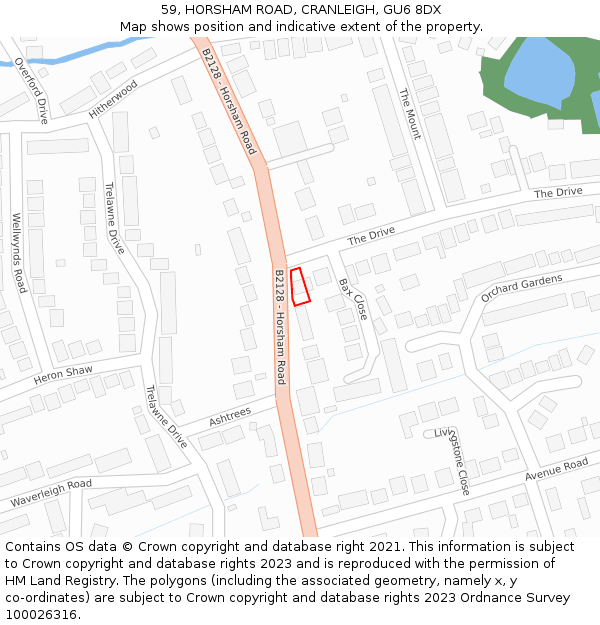 59, HORSHAM ROAD, CRANLEIGH, GU6 8DX: Location map and indicative extent of plot