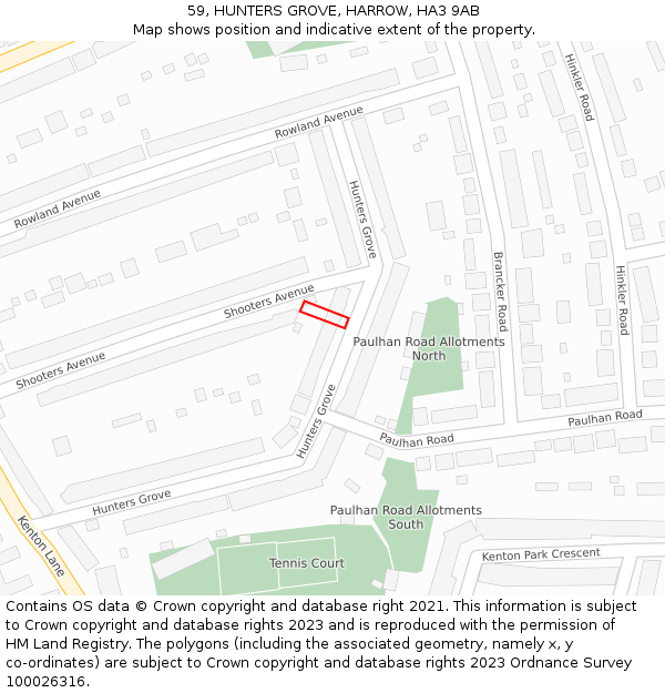 59, HUNTERS GROVE, HARROW, HA3 9AB: Location map and indicative extent of plot